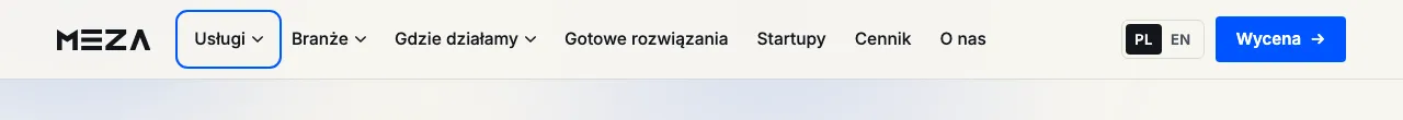 Fokus na przycisku „Usługi” w menu: wyraźna niebieska ramka wokół przycisku