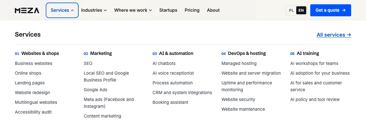 The "Services" menu opened with the Enter key: focus stays on the Services button and the full list of service categories is shown below