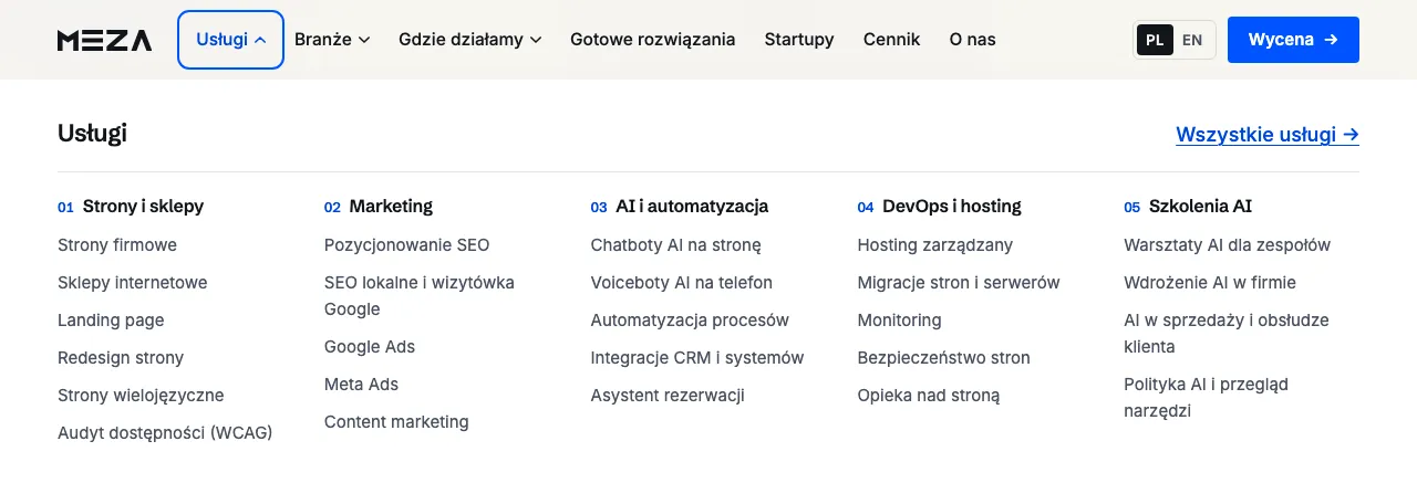 Menu „Usługi” otwarte klawiszem Enter: fokus na przycisku „Usługi”, pod nim rozwinięta lista kategorii i usług