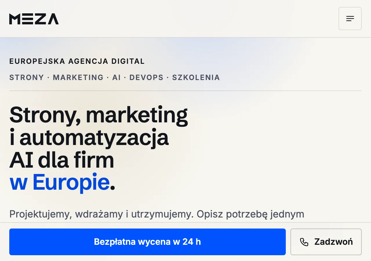 Strona główna powiększona do 200%: nagłówek przechodzi w przycisk menu, tytuł zawija się do kilku linii, na dole widoczne przyciski wyceny i telefonu