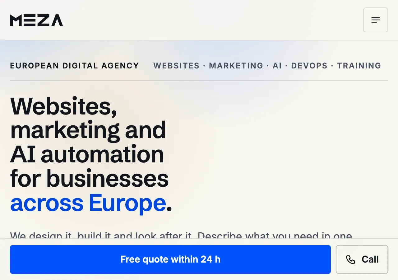 The home page at 200% zoom: the menu collapses into a menu button, the headline wraps over several lines and the quote and call buttons stay visible at the bottom