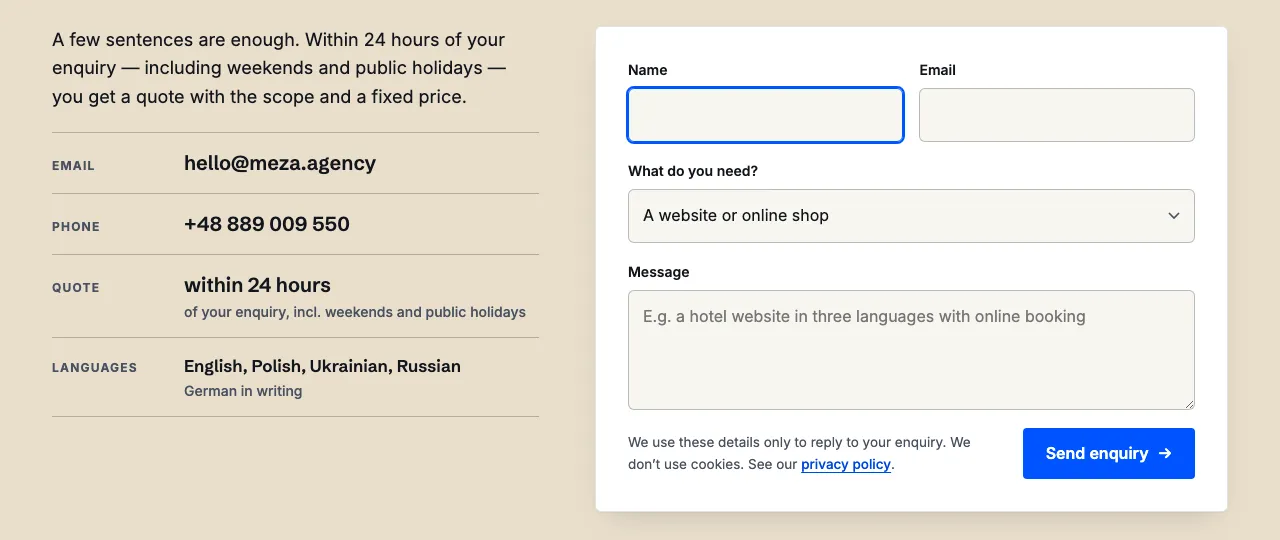 Contact form with visible labels above every field (Name, Email, What do you need?, Message) and a blue focus outline on the Name field