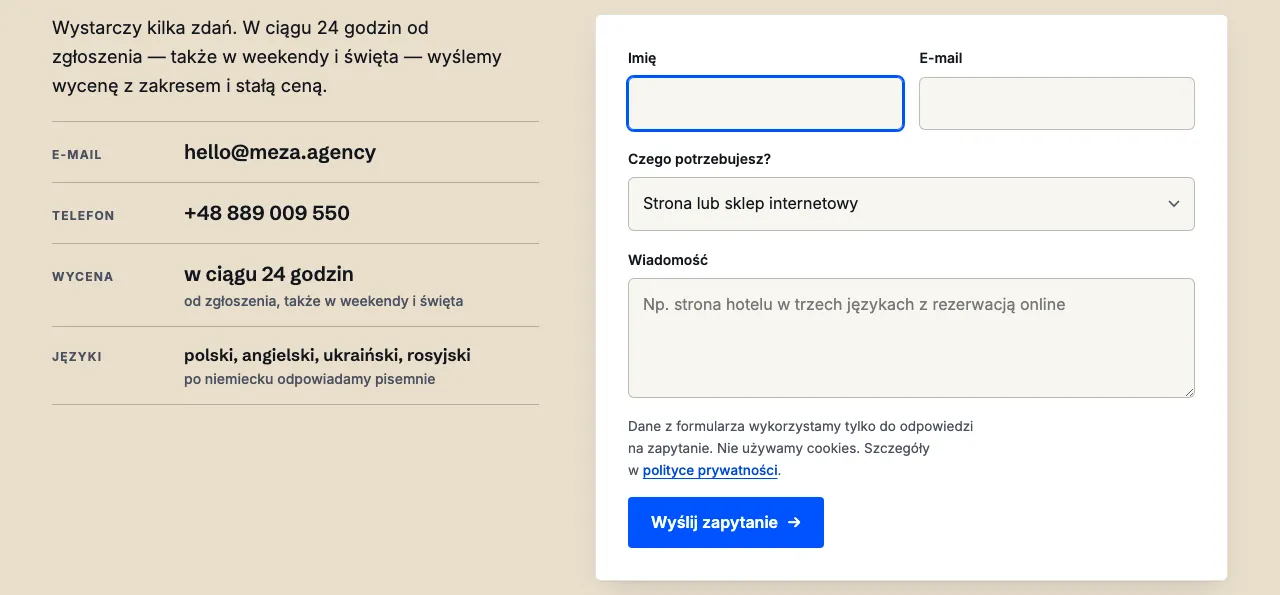 Formularz kontaktowy: nad każdym polem widoczna etykieta (Imię, E-mail, Czego potrzebujesz?, Wiadomość), fokus z niebieską ramką na polu Imię