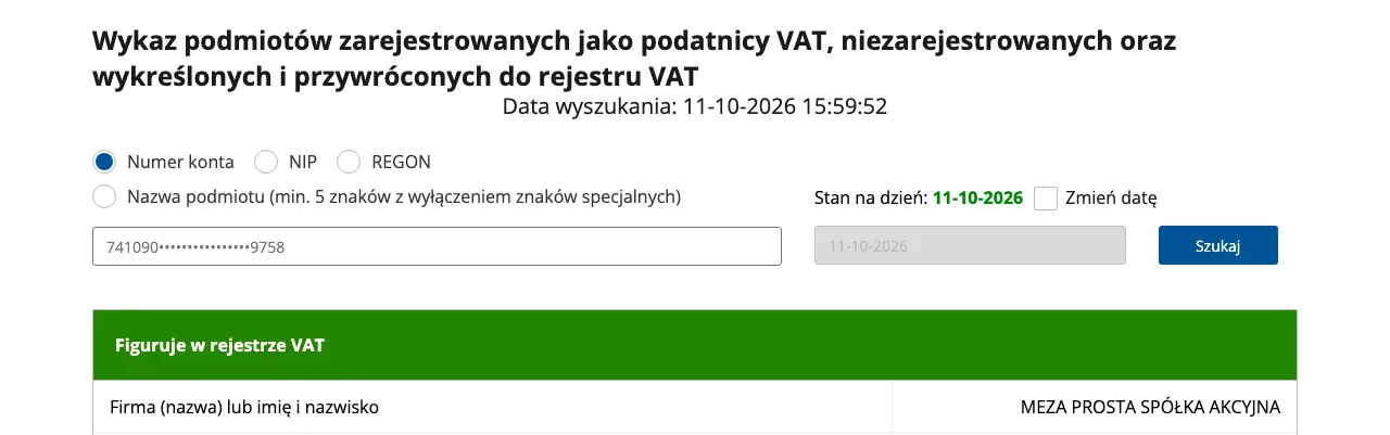 Wyszukiwanie po numerze konta: zaznaczona opcja „Numer konta”, w polu częściowo zasłonięty numer, wynik „Figuruje w rejestrze VAT” z nazwą MEZA PROSTA SPÓŁKA AKCYJNA