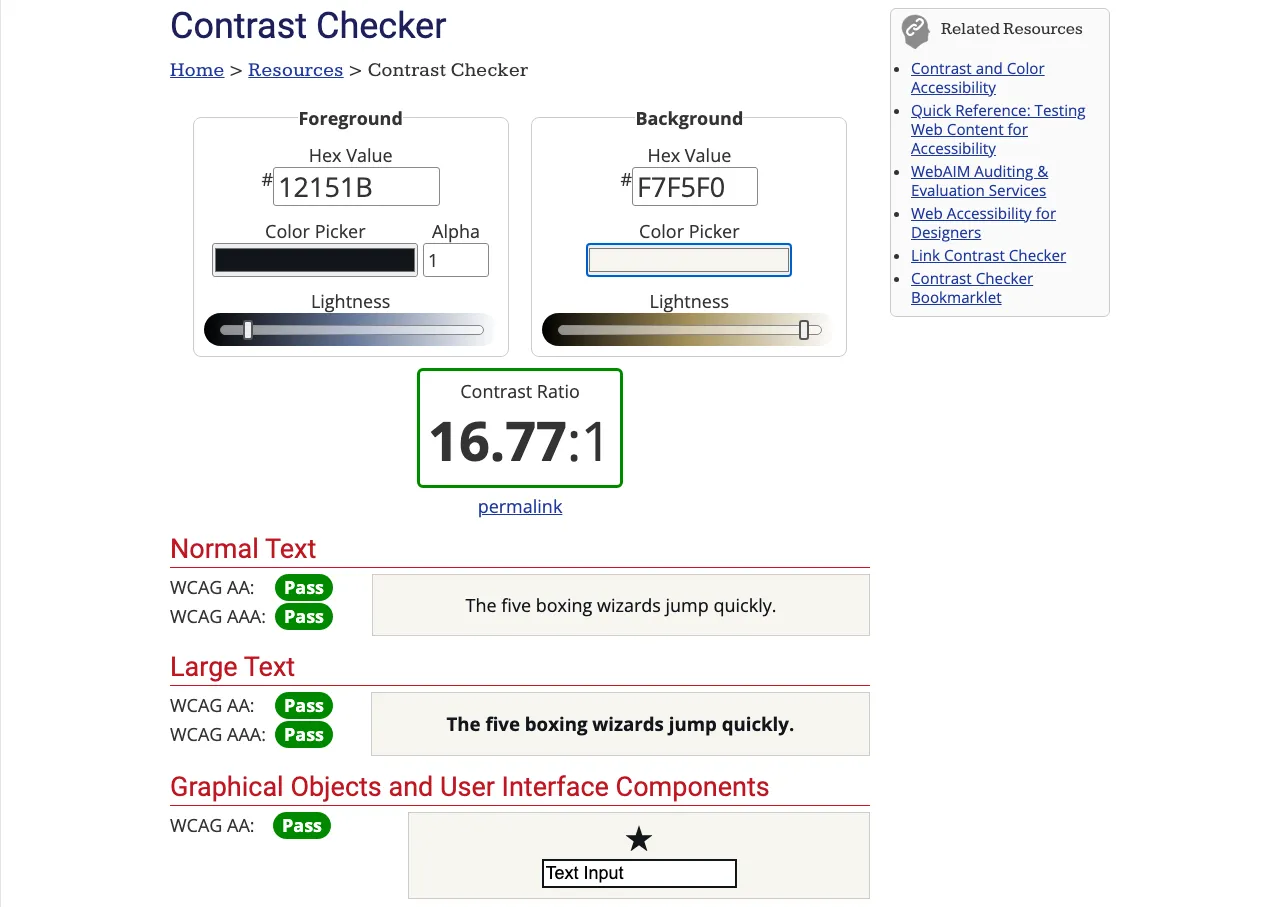 WebAIM Contrast Checker with text colour 12151B on background F7F5F0: contrast ratio 16.77:1, passing all WCAG AA and AAA tests
