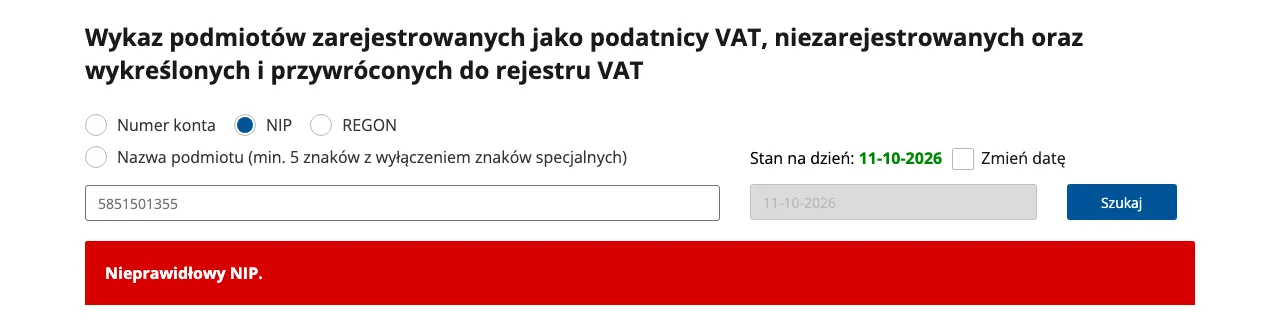 Czerwony komunikat „Nieprawidłowy NIP.” po wpisaniu numeru z błędną ostatnią cyfrą